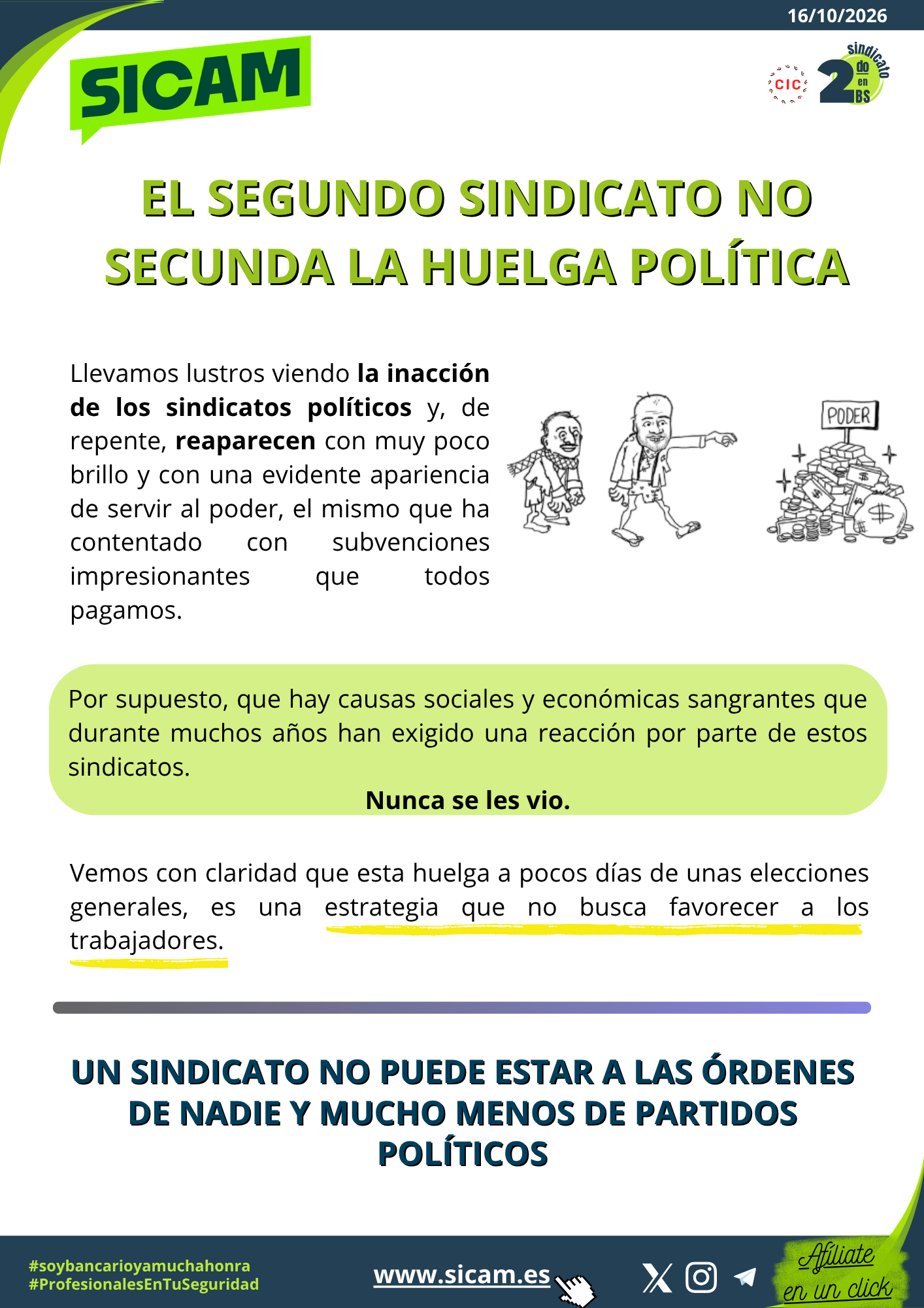 16 Octubre 2026. SICAM no apoya esta huelga<br>